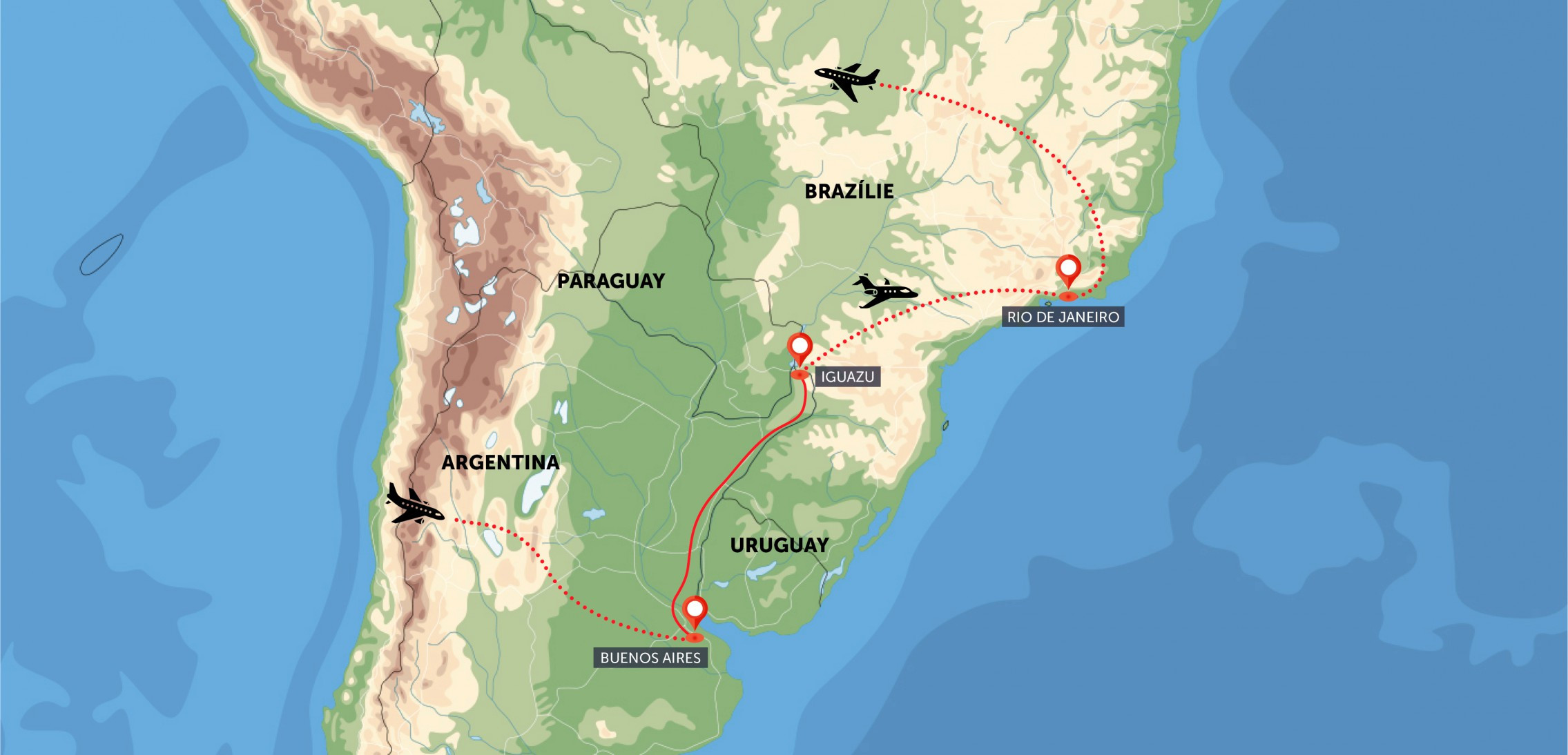 Oficiální mapa trasy zájezdu Argentina, Brazílie, Uruguay, Paraguay podle CK SEN
