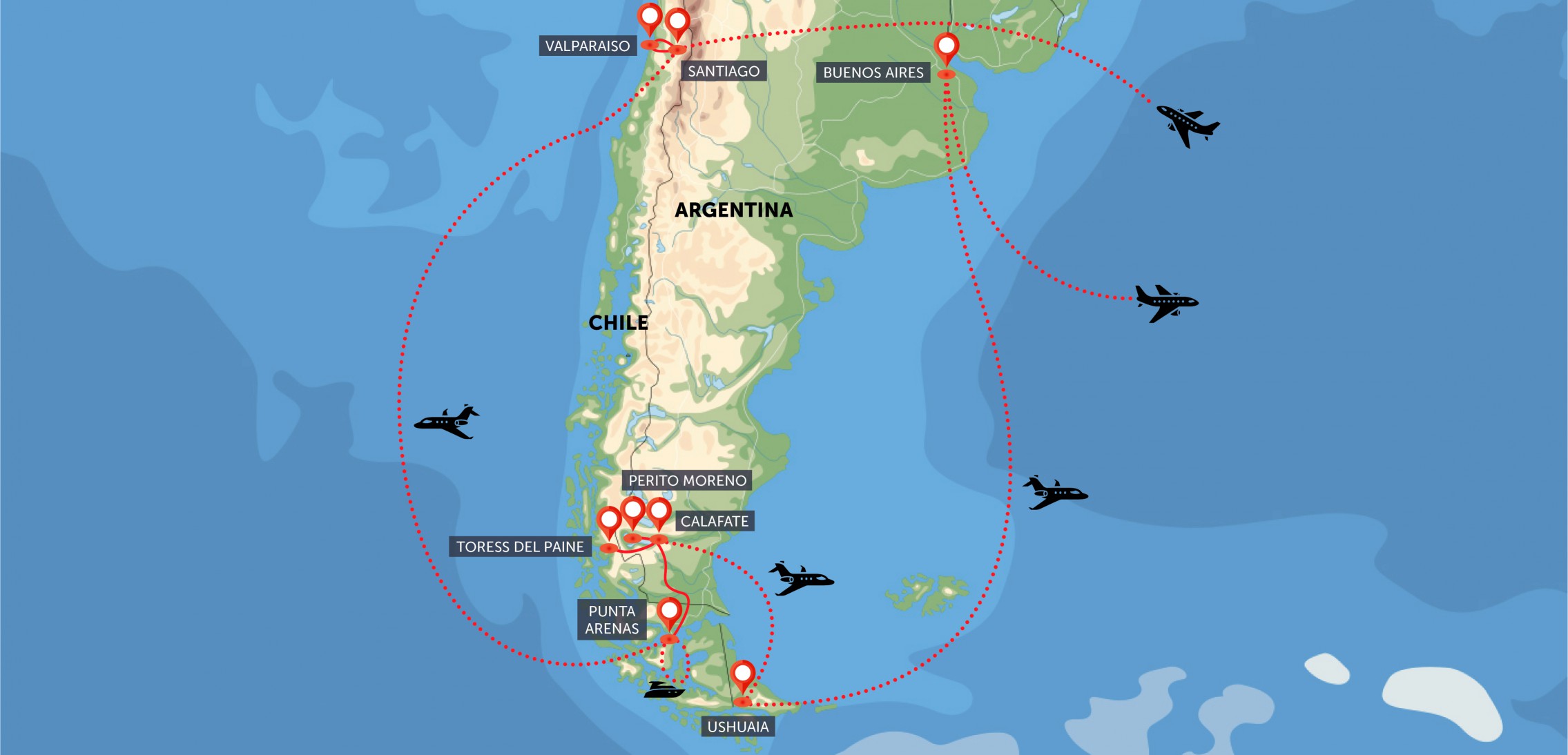Oficiální mapa trasy zájezdu Patagonie a Ohňová země podle CK SEN