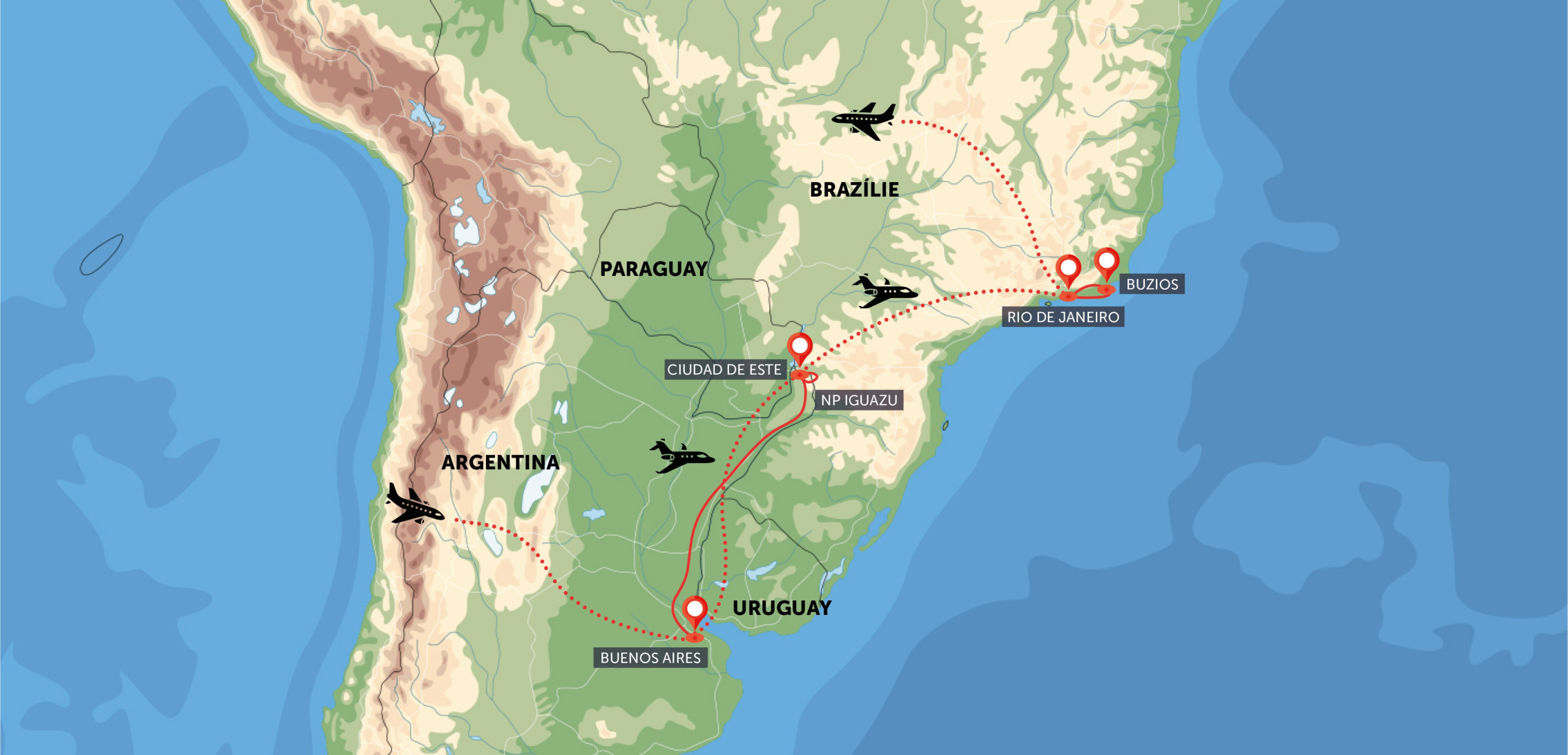 Oficiální mapa trasy zájezdu Argentina, Brazílie a Buzios podle CK SEN