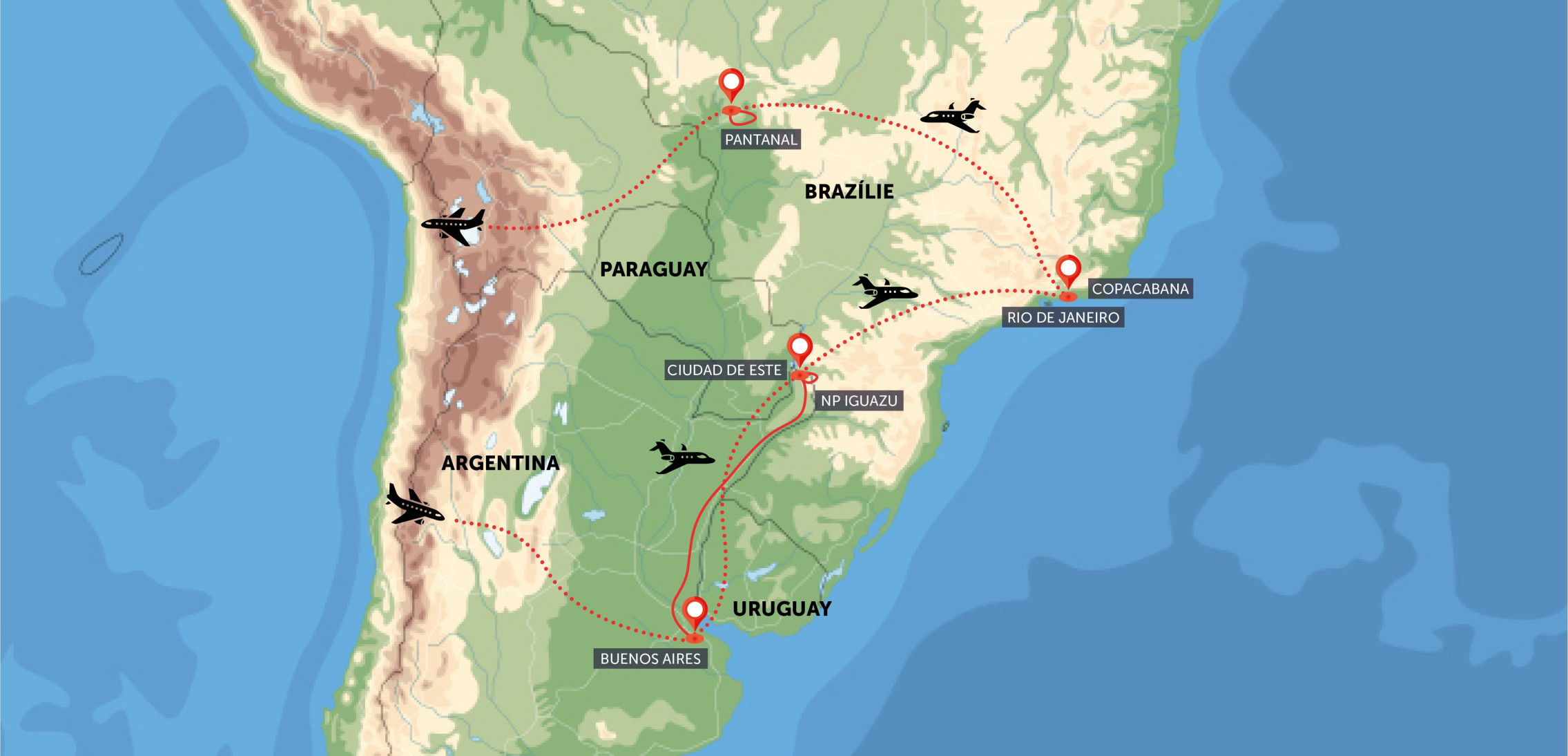 Oficiální mapa trasy zájezdu Argentina, Brazílie a Pantanal podle CK SEN