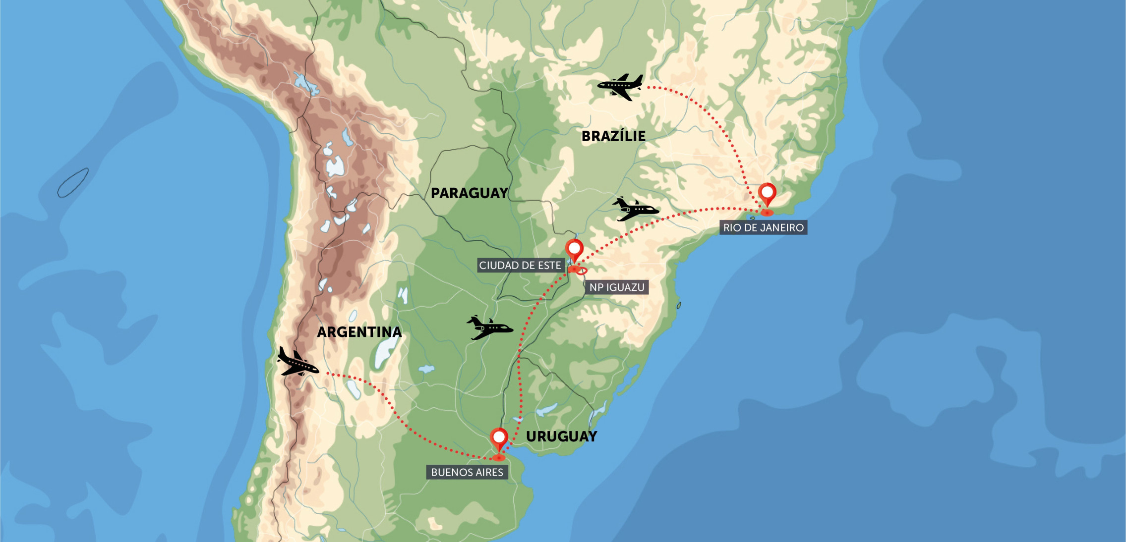 Oficiální mapa trasy zájezdu Buenos Aires a Rio de Janeiro podle CK SEN