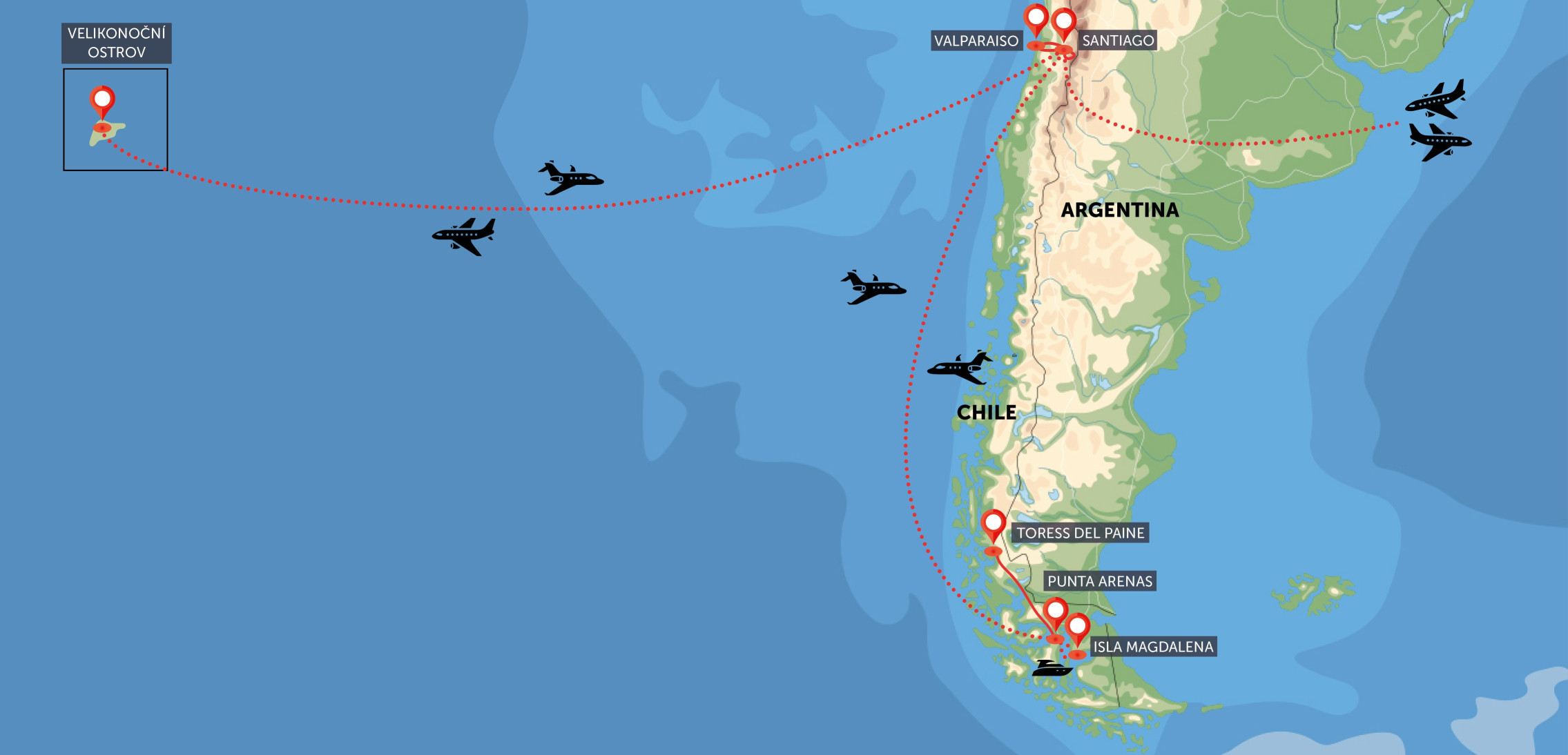 Oficiální mapa trasy zájezdu Chile – Patagonie a Velikonoční ostrov podle CK SEN