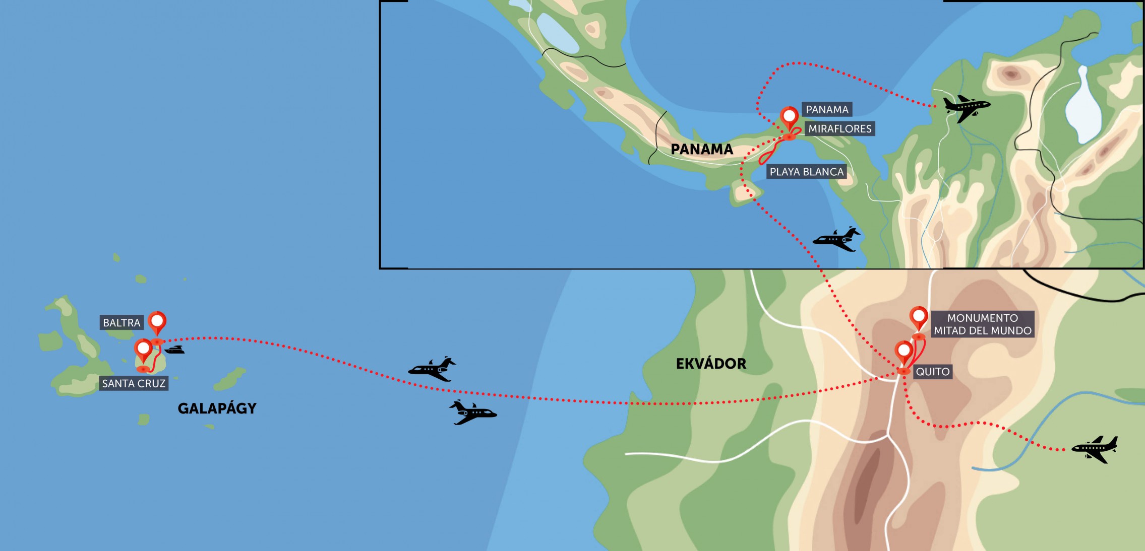 Oficiální mapa trasy zájezdu Ekvádor, Galapágy a Panama podle CK SEN