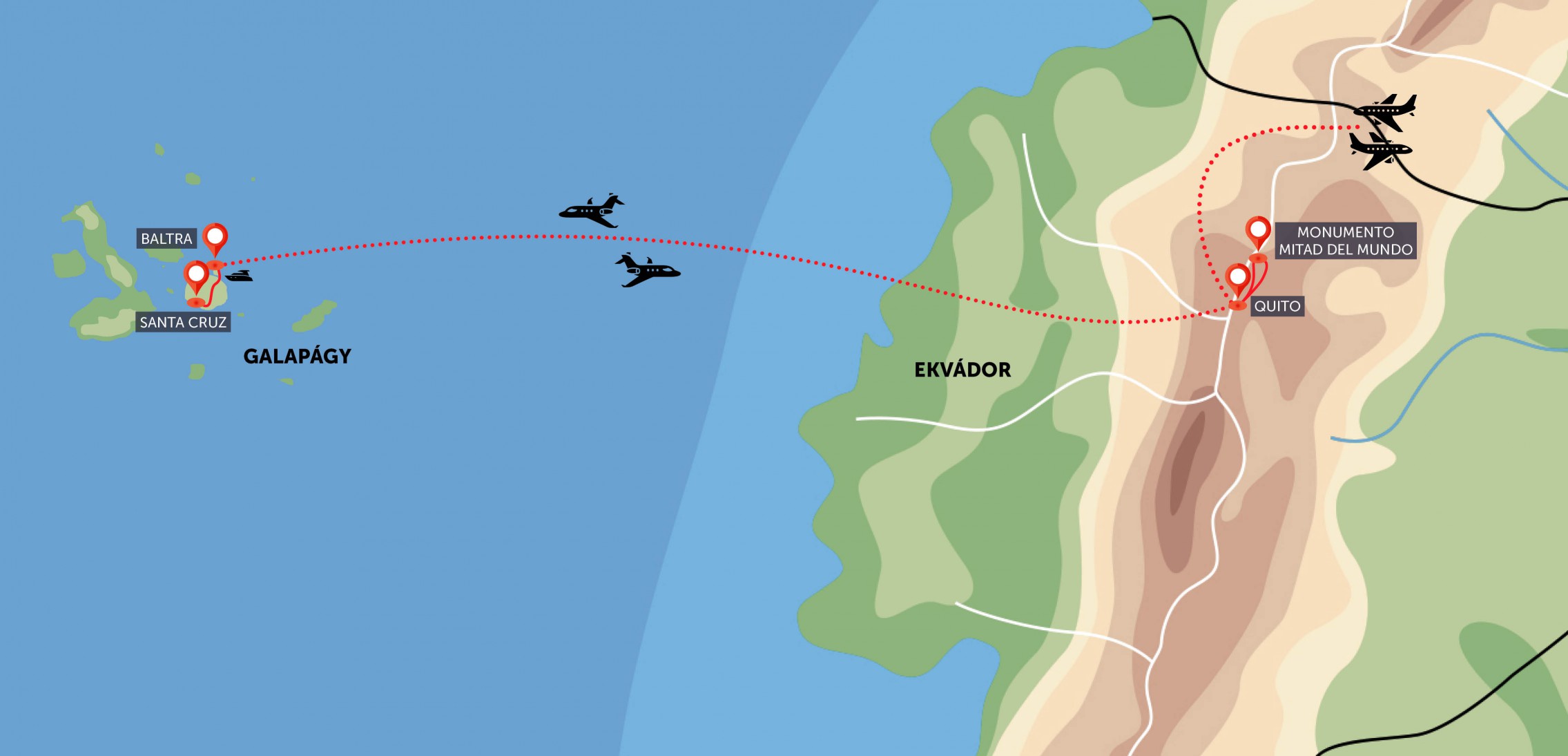 Oficiální mapa trasy zájezdu Ekvádor a Galapágy podle CK SEN