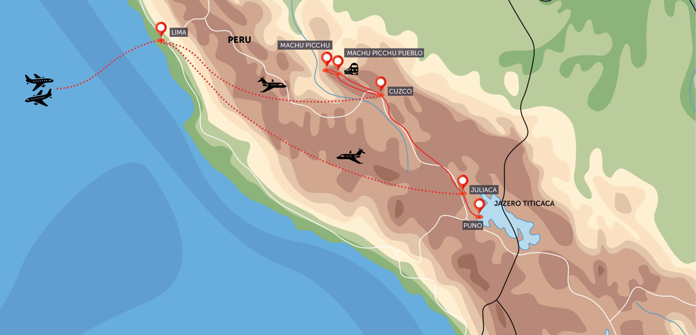 Oficiální mapa trasy zájezdu Machu Picchu, Titicaca a La Paz podle CK SEN