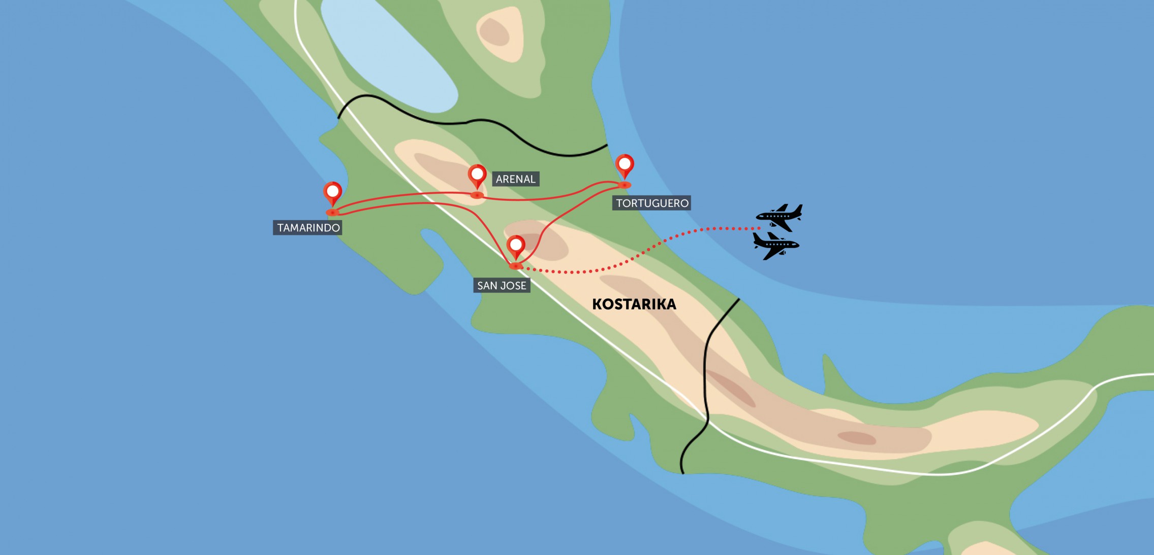 Oficiální mapa trasy zájezdu Kostarika – Pacifik a Karibik podle CK SEN