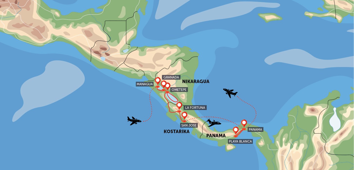 Oficiální mapa trasy zájezdu Nikaragua, Kostarika, Panama podle CK SEN