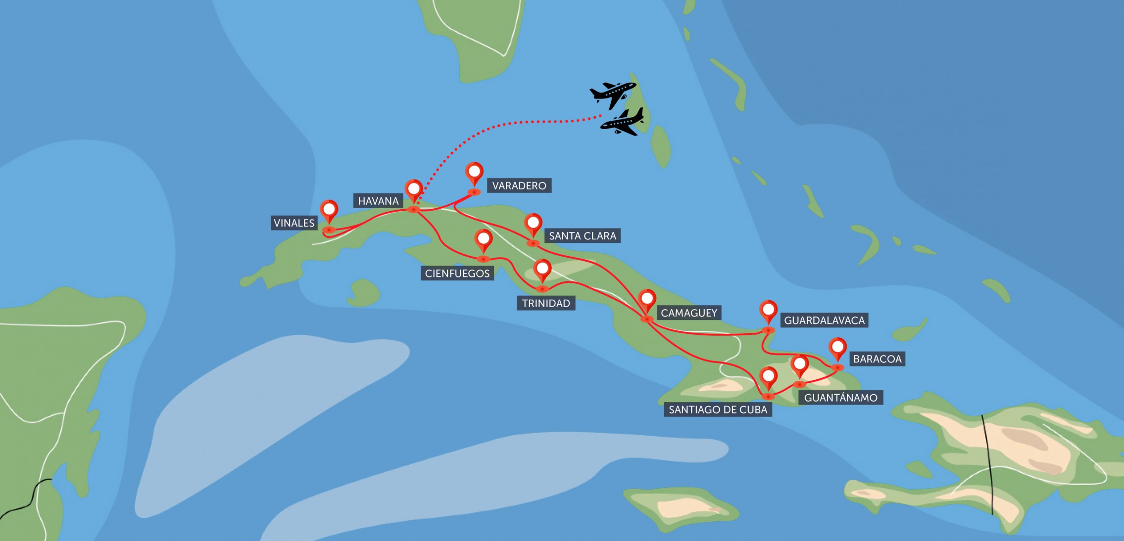 Oficiální mapa trasy zájezdu Kuba - okruh ostrovem a Varadero podle CK SEN