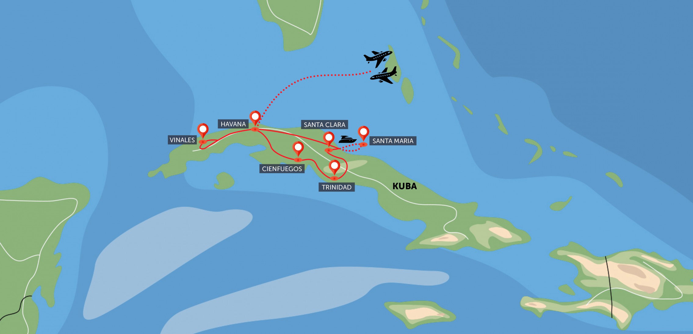 Oficiální mapa trasy zájezdu Kuba – Havana, Trinidad a Santa María podle CK SEN