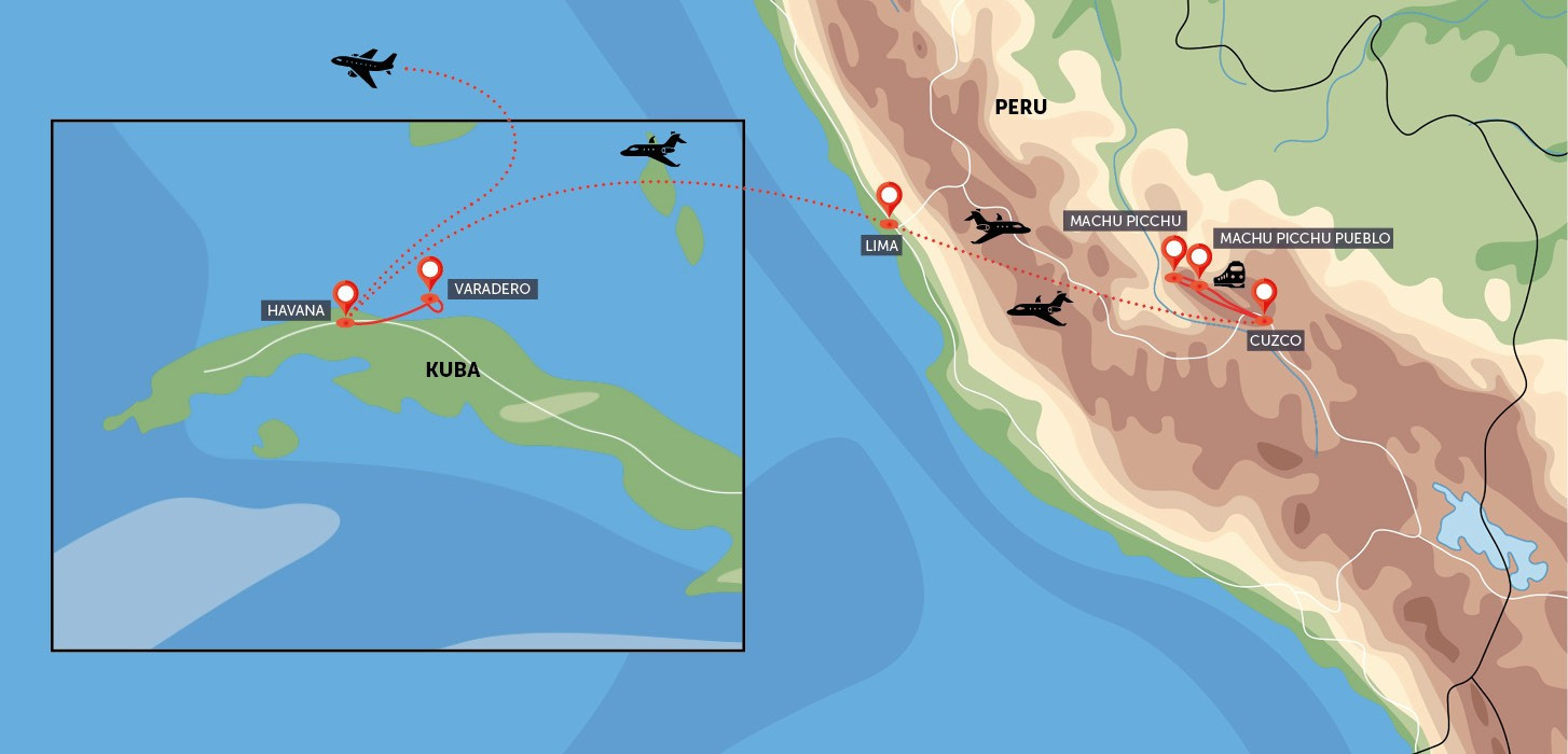 Oficiální mapa trasy zájezdu Machu Picchu a relax na Kubě podle CK SEN