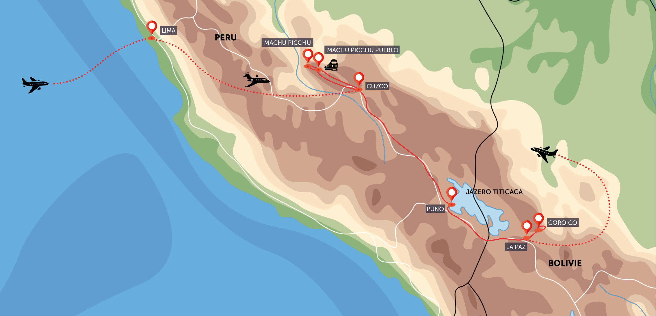 Oficiální mapa trasy zájezdu Machu Picchu a Titicaca podle CK SEN