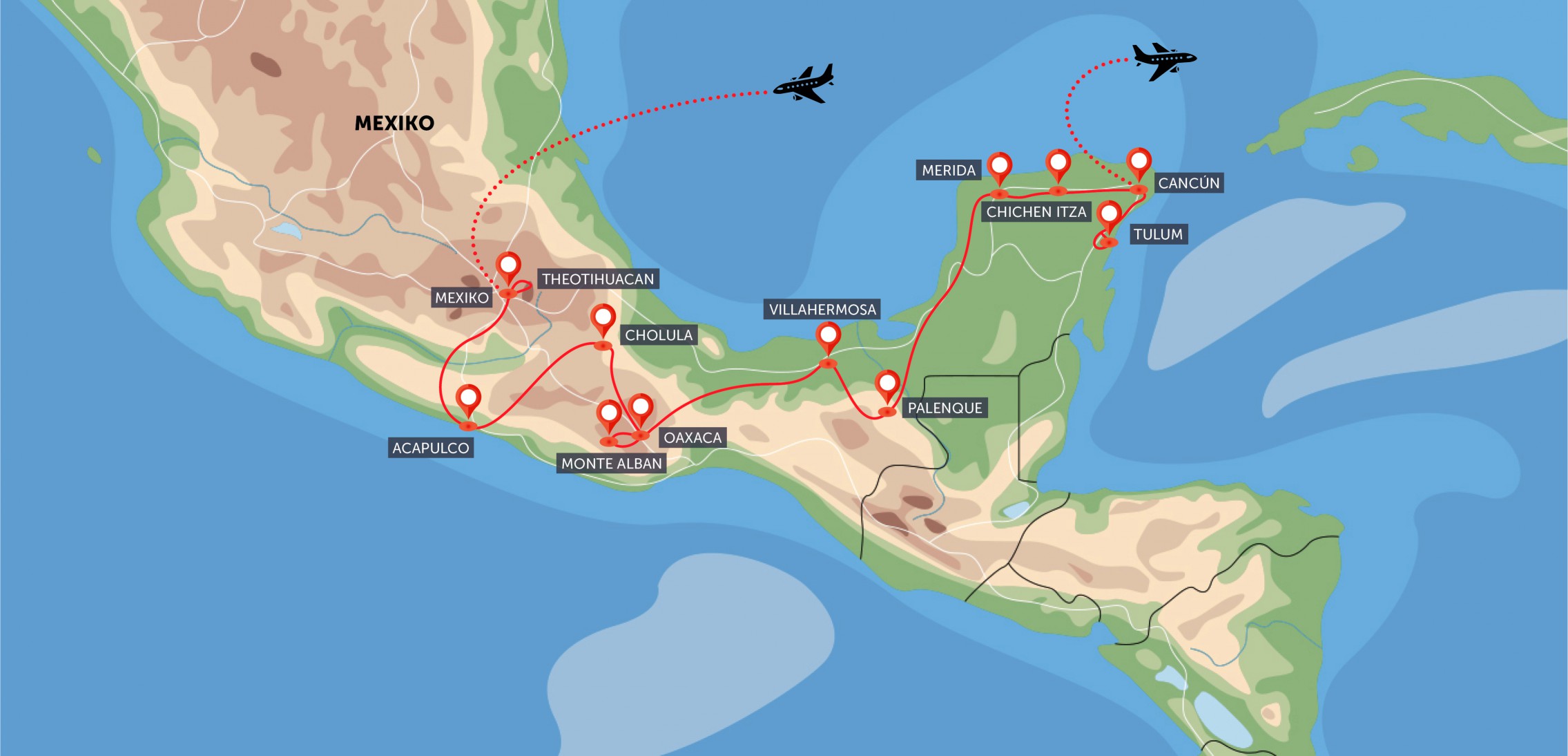 Oficiální mapa trasy zájezdu Mexiko - velký okruh pyramidami podle CK SEN