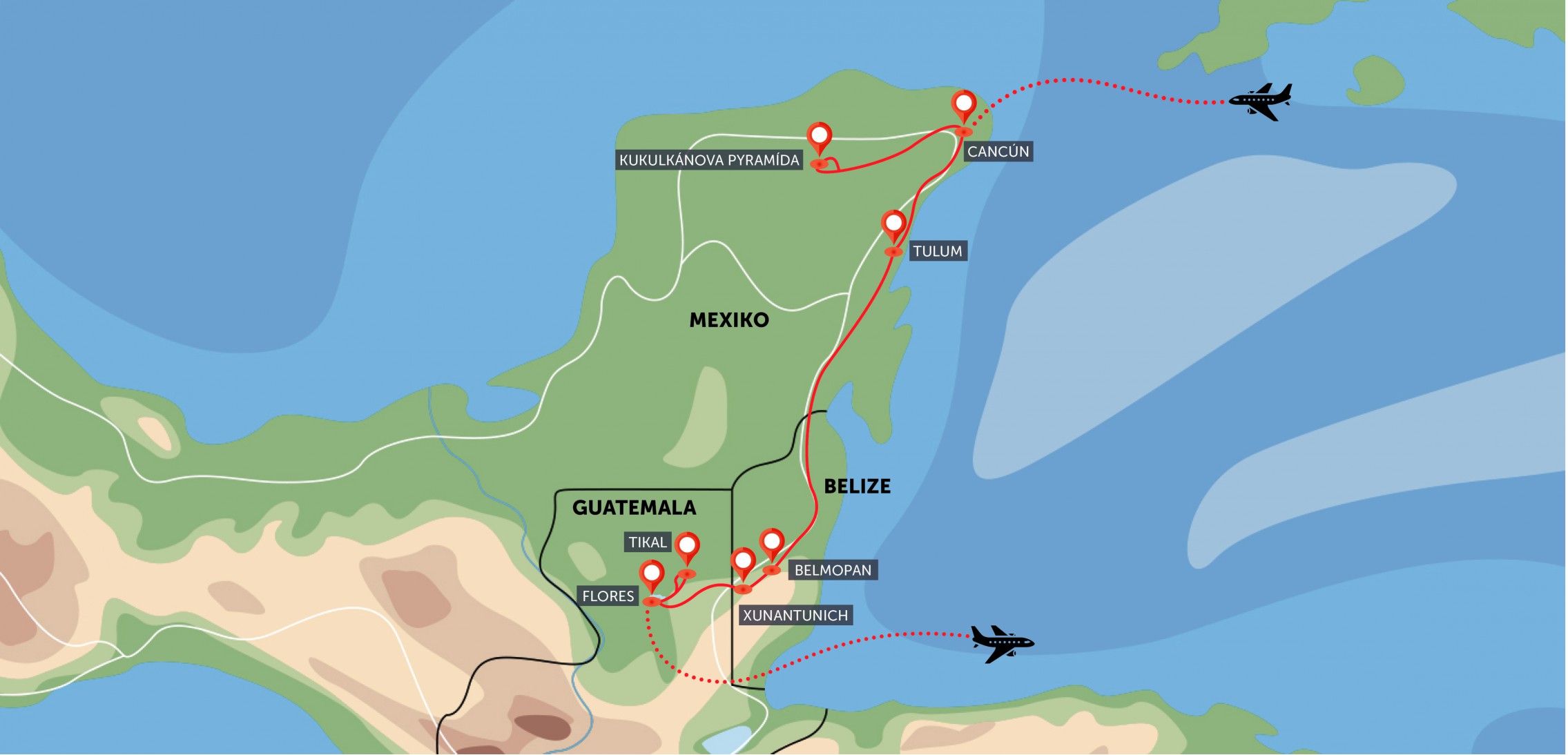 Oficiální mapa trasy zájezdu Mexiko, Belize a Guatemala podle CK SEN
