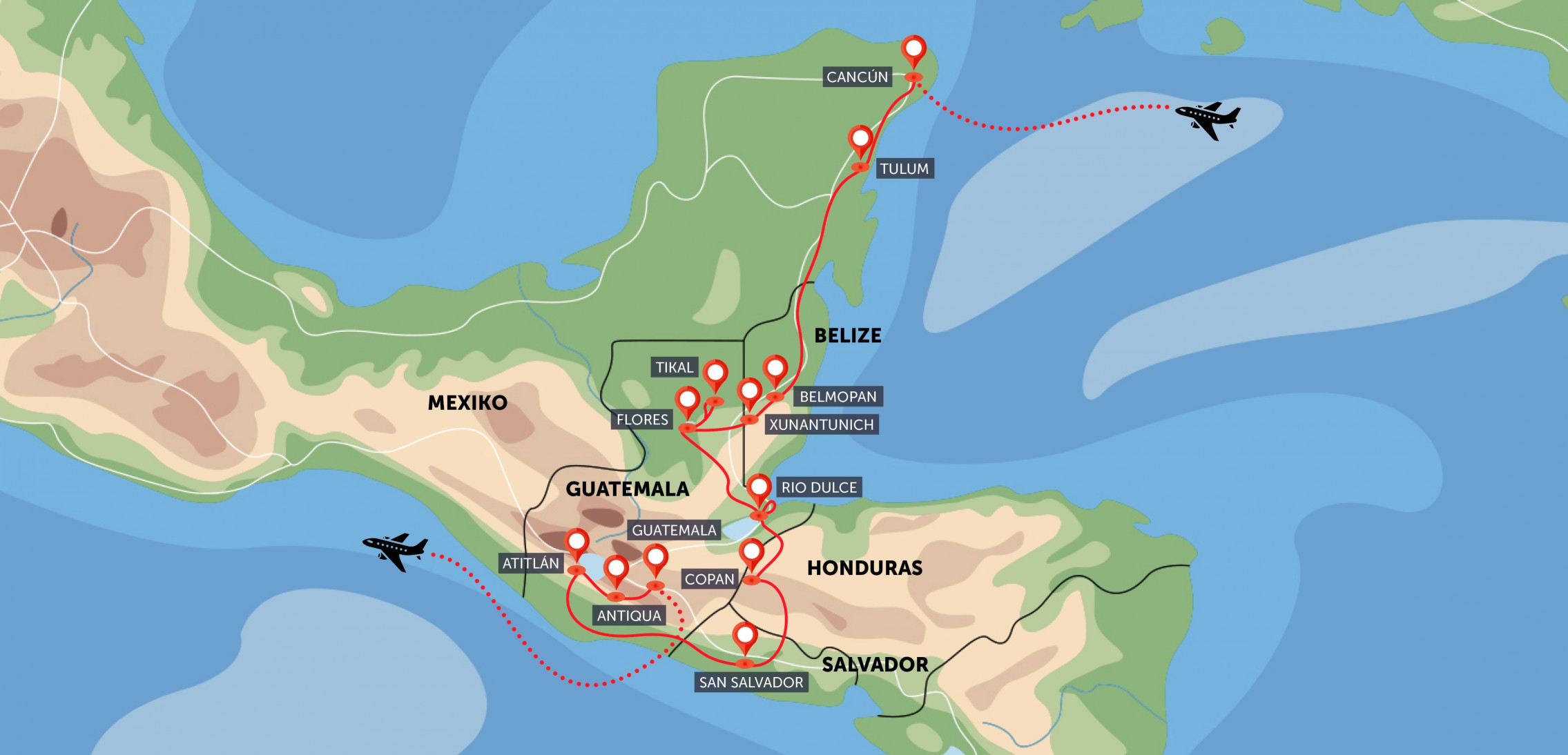 Oficiální mapa trasy zájezdu Mexiko, Belize, Guatemala, Honduras, Salvador podle CK SEN