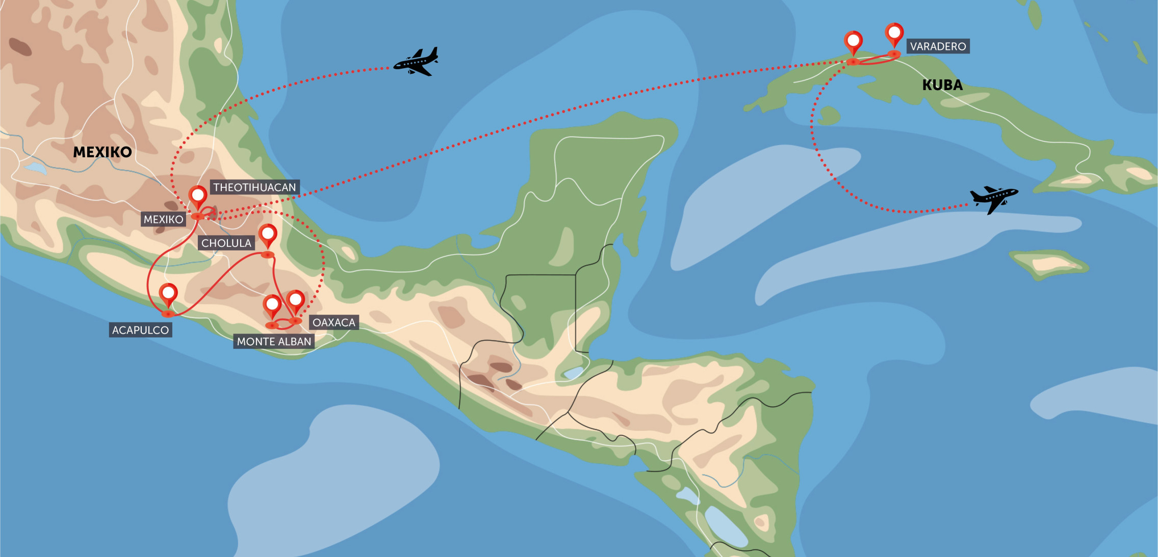 Oficiální mapa trasy zájezdu Mexiko – Kuba all inclusive podle CK SEN