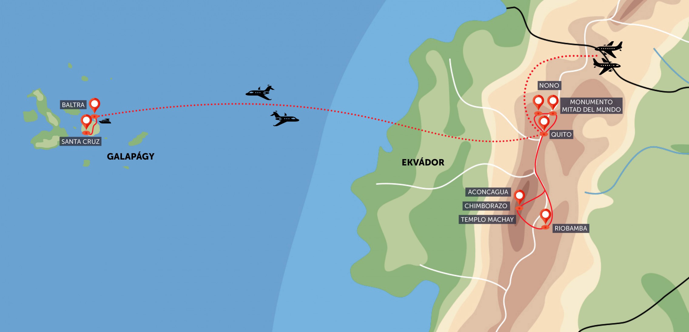 Oficiální mapa trasy zájezdu Chimborazo a Galapágy podle CK SEN