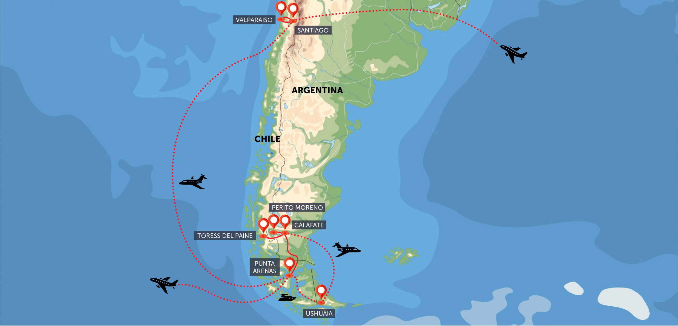 Oficiální mapa trasy zájezdu Patagonie, Ohňová země a luxusní plavba podle CK SEN