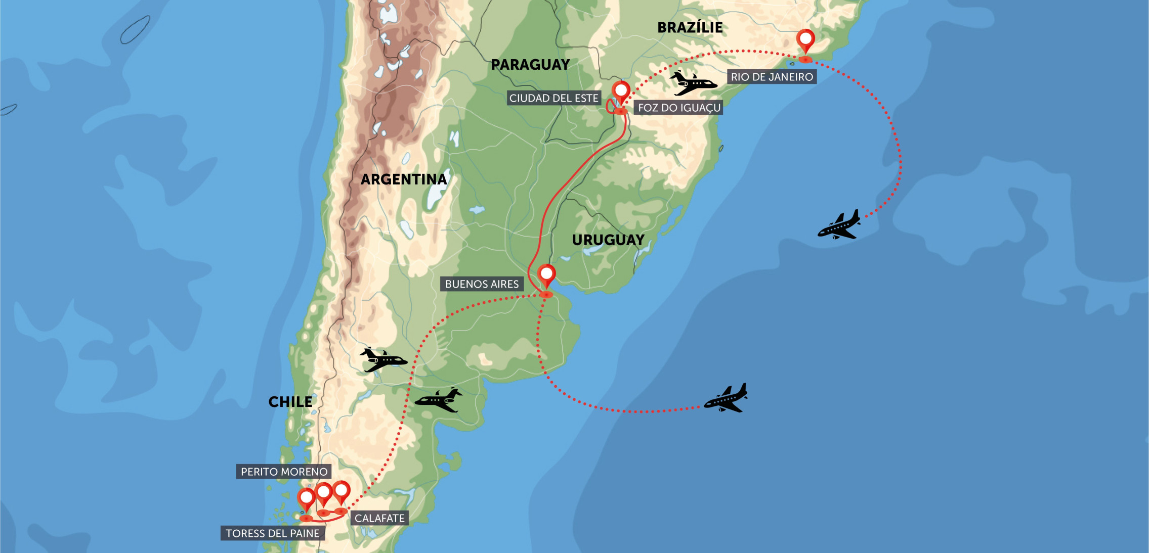 Oficiální mapa trasy zájezdu Patagonie, Argentina, Brazílie podle CK SEN