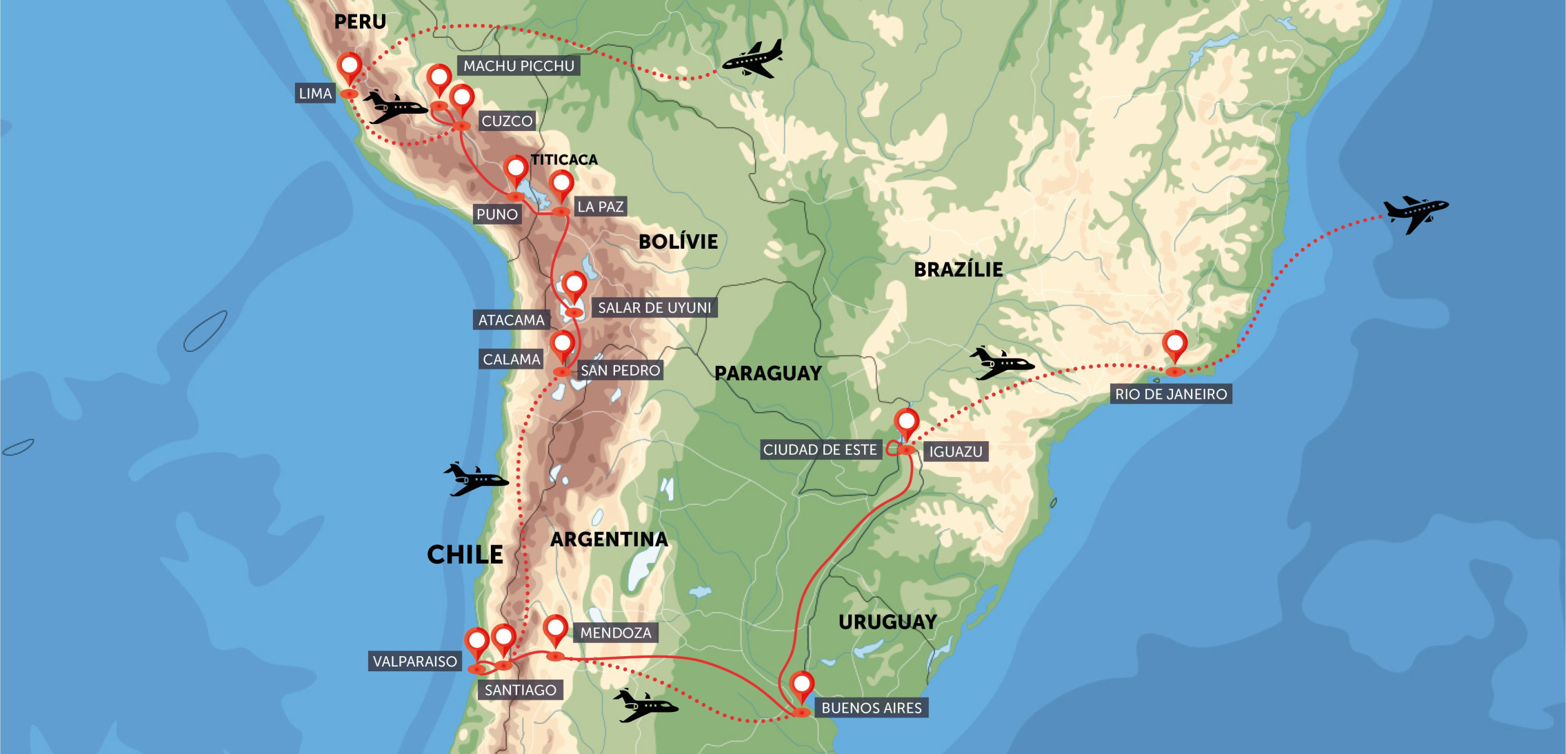 Oficiální mapa trasy zájezdu Jižní Amerika jednou za život podle CK SEN