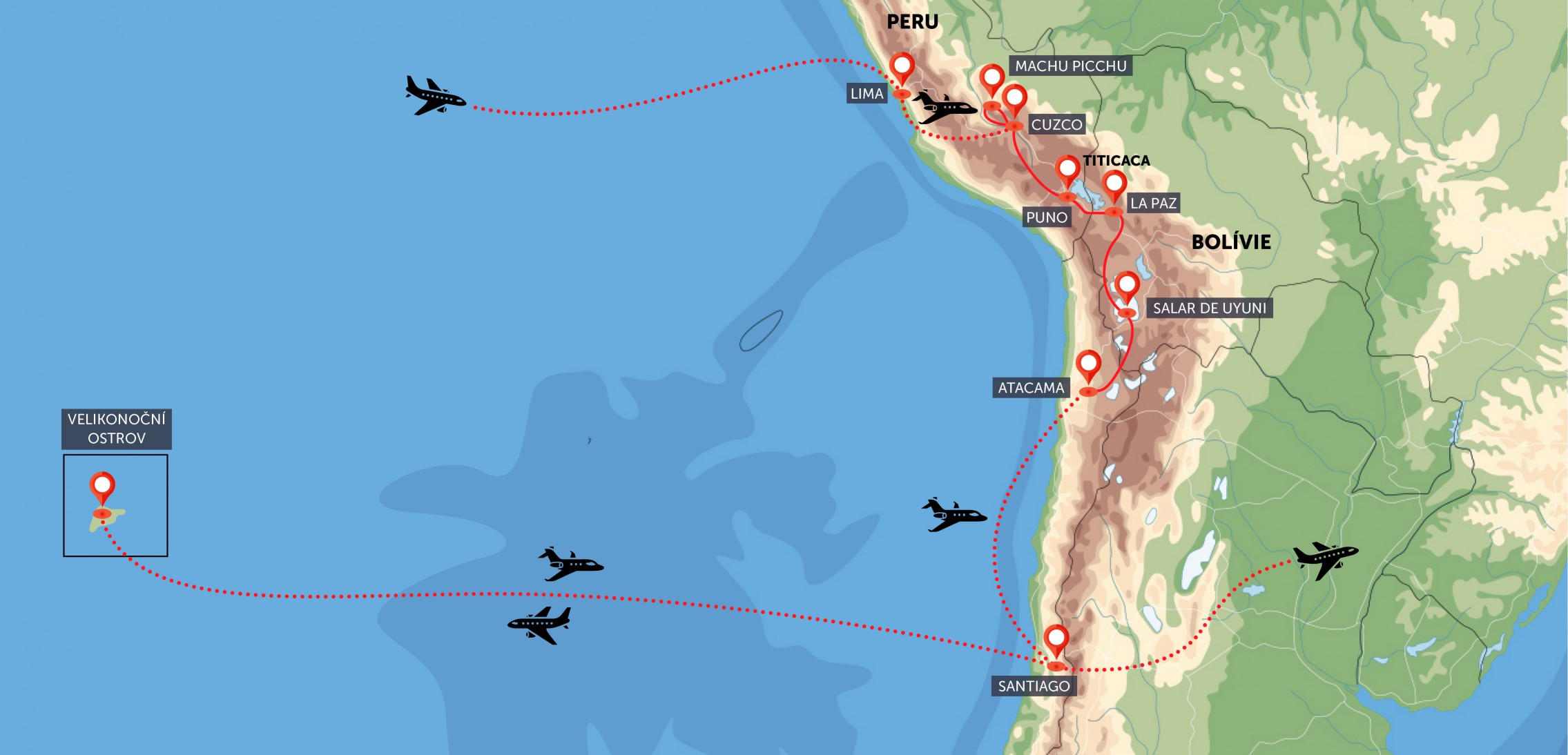 Oficiální mapa trasy zájezdu Chile, Peru, Bolívie a Velikonoční ostrov podle CK SEN