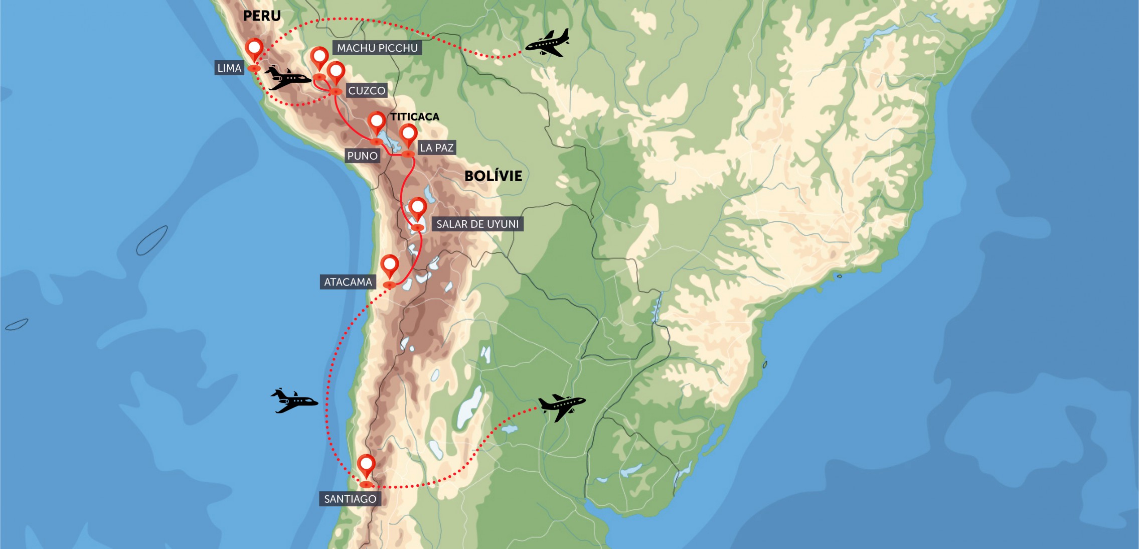 Oficiální mapa trasy zájezdu Chile, Peru, Bolívie – expedice podle CK SEN
