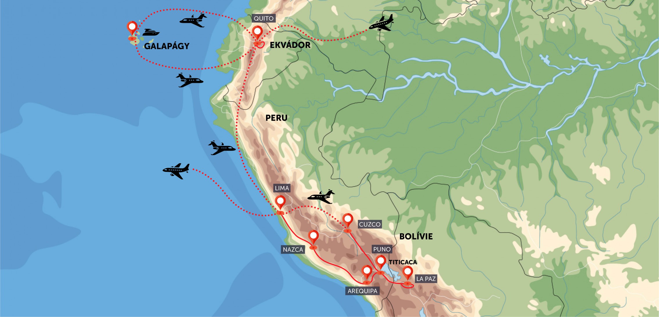 Oficiální mapa trasy zájezdu Ekvádor, Galapágy, Peru a Bolívie podle CK SEN