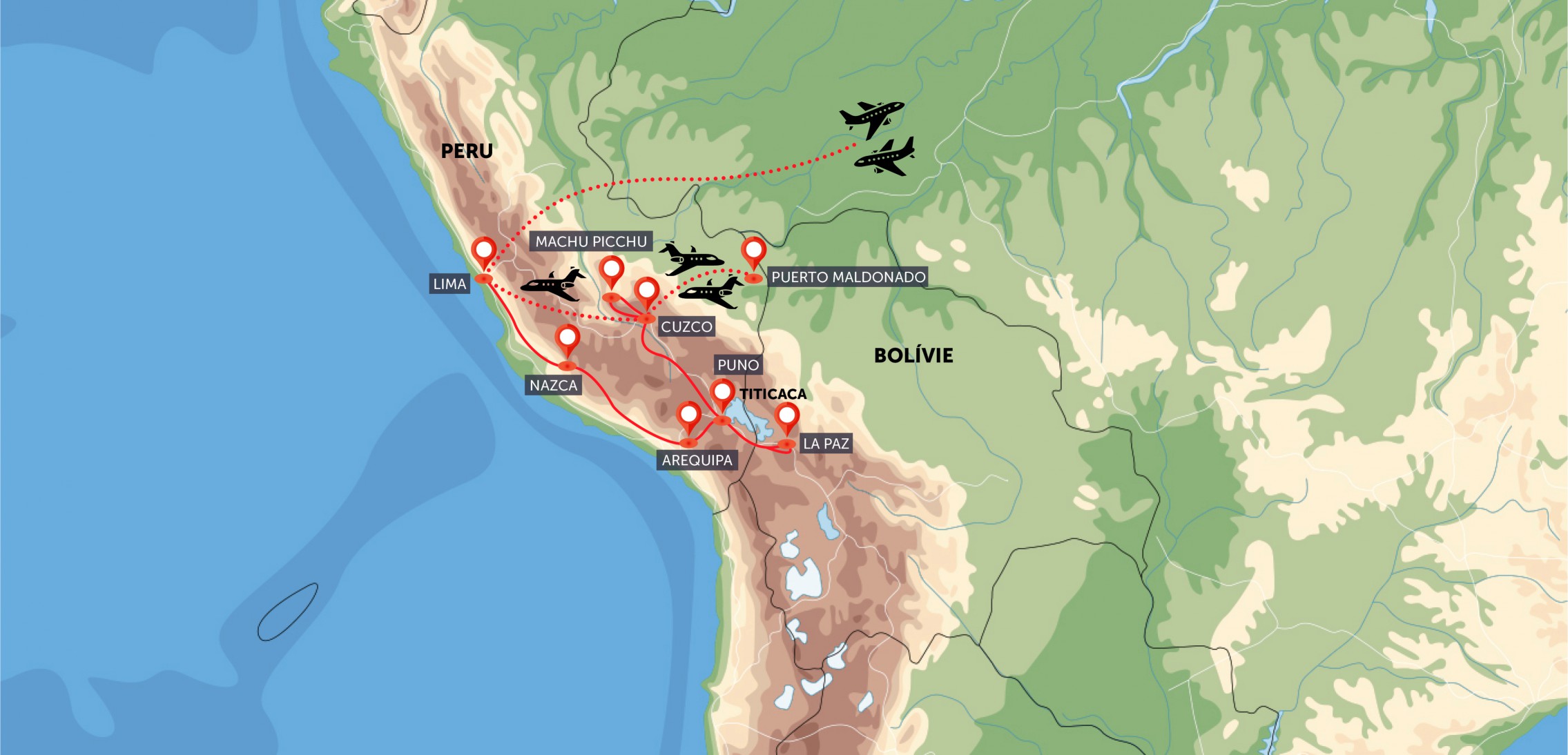 Oficiální mapa trasy zájezdu Peru, Bolívie a Amazonie podle CK SEN