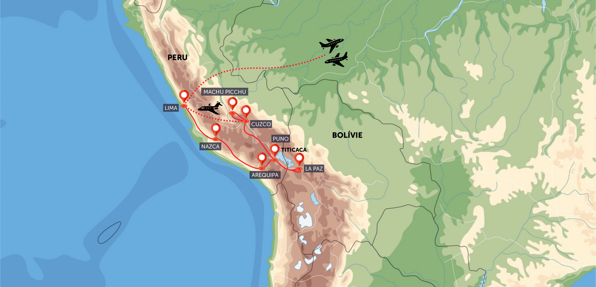 Oficiální mapa trasy zájezdu Peru a Bolívie: Machu Picchu a Titicaca podle CK SEN