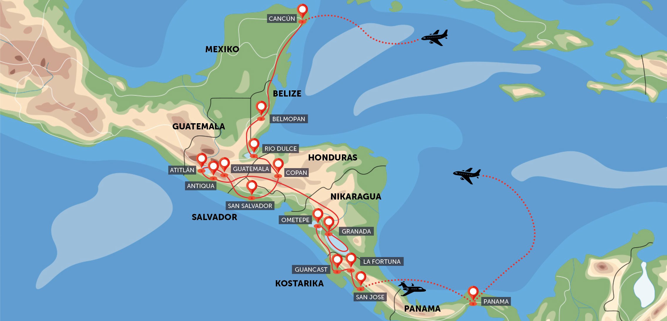 Oficiální mapa trasy zájezdu Grand Tour Střední Amerikou podle CK SEN