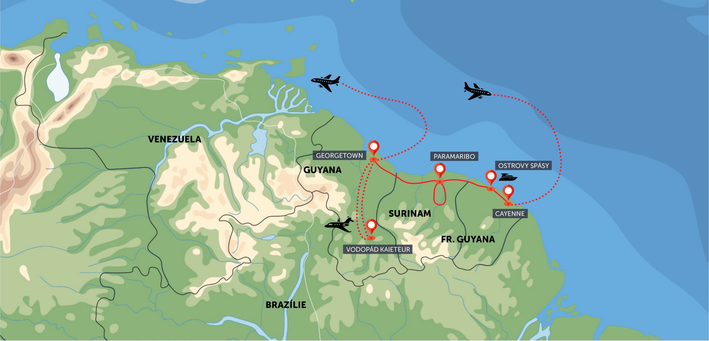 Oficiální mapa trasy zájezdu Guyana a Surinam podle CK SEN