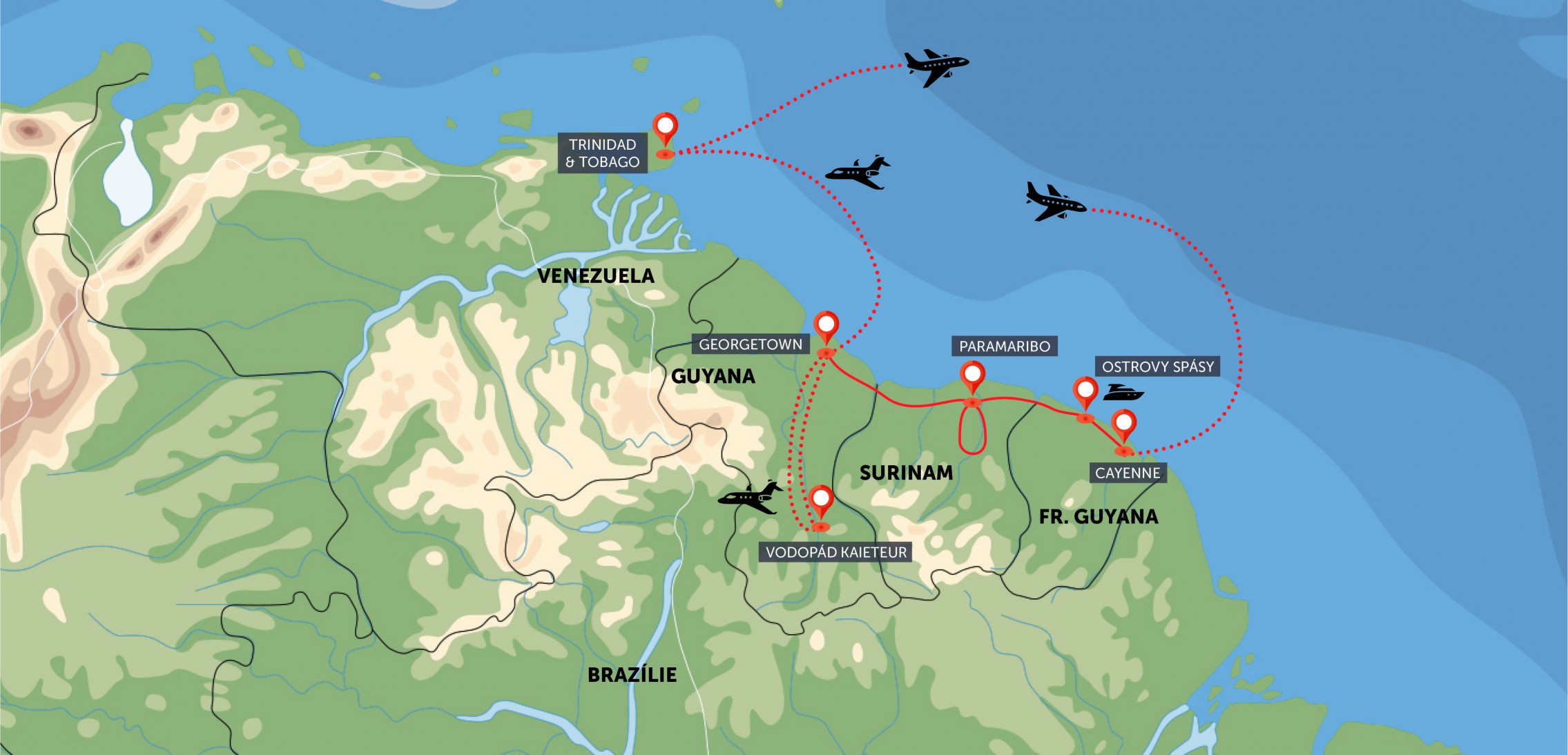 Oficiální mapa trasy zájezdu Surinam, Guyana, Tobago a Trinidad podle CK SEN