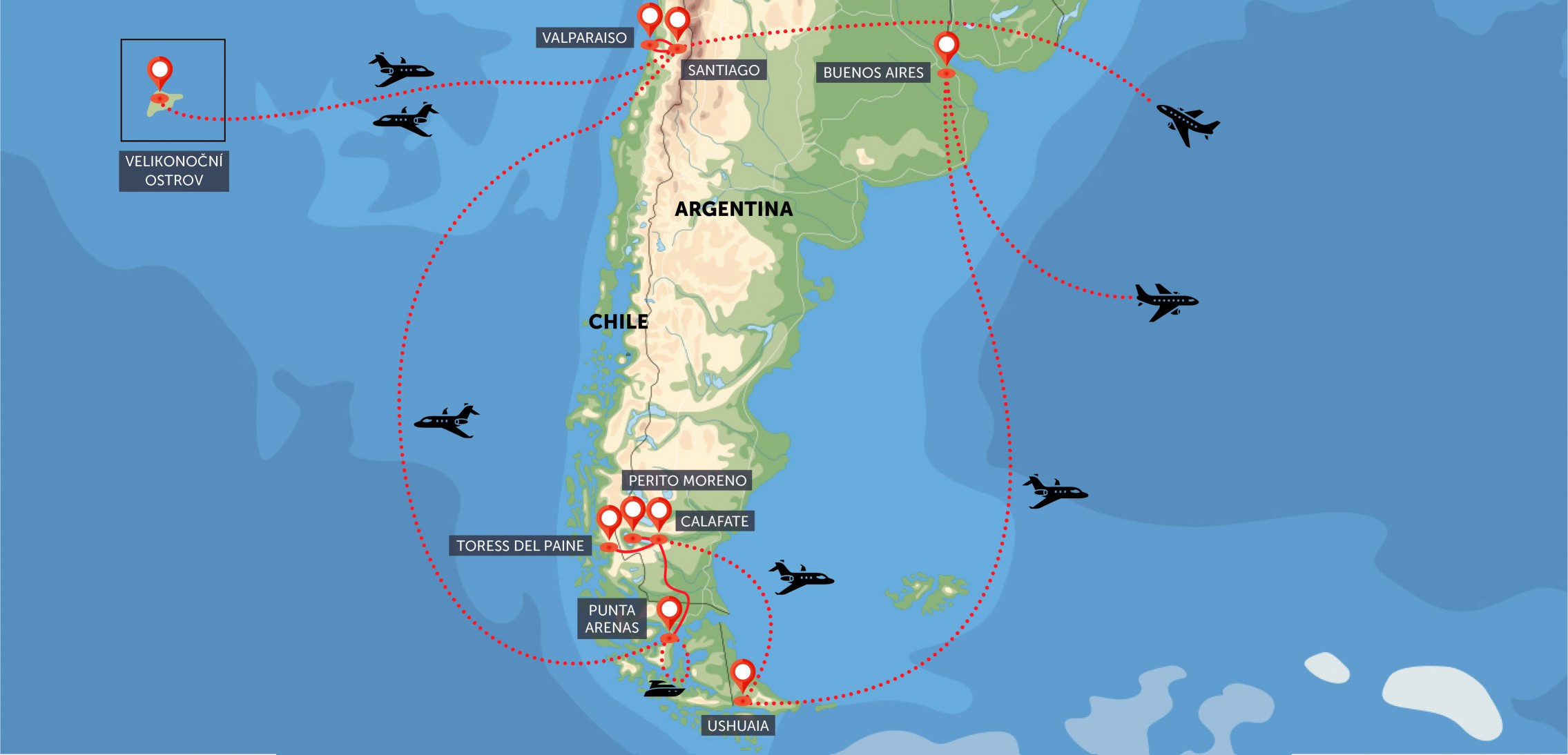 Oficiální mapa trasy zájezdu Velikonoční ostrov, Patagonie a Ohňová země podle CK SEN